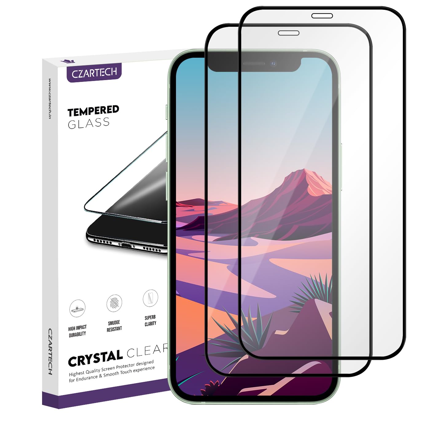 CZARTECH (2-Pack Tempered Glass Screen Guard Protector for iPhone 12 Mini Edge To Edge Full Coverage with Easy Cleaning Kit