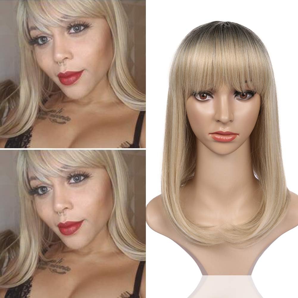 WIGNEE Ombre Wigs Short Bob Straight Wig Black&Gray To Ash Blonde Heat Resistant Synthetic Hair Full Wig with Bang for Women Girls Wig