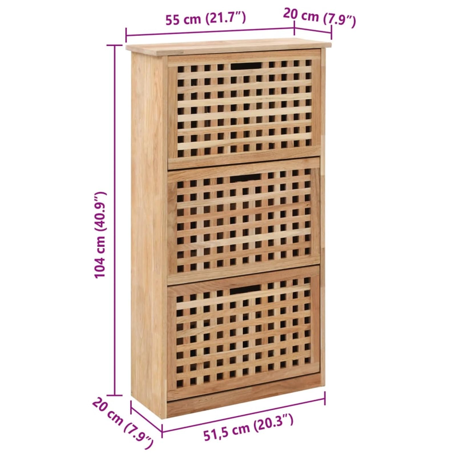Szafka na buty z 3 półkami z litego drewna orzecha włoskiego i sklejki, 55 x 20 x 104 cm, kolor naturalny – szafka do przedpokoju do schludnej półki na buty przy wejściu