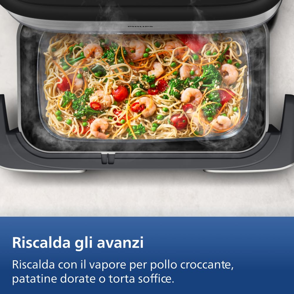 Philips Airfryer Serie 5000 con Maxi Capacità e Funzione Vapore – SteamFry, Vapore e Frittura ad Aria – 28 Programmi di Cottura, Doppio Scomparto 3L+6L, RapidAir Plus, SteamClean (NA565/00)