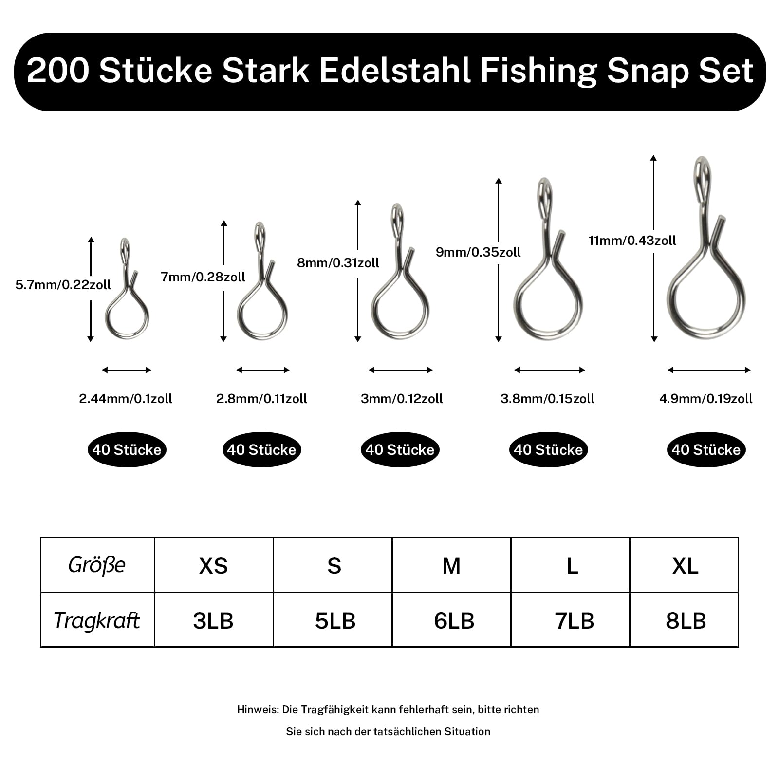 Realure 200 Stücke Snaps Angeln, Edelstahl Fishing Snap Set Größe XS#-XL#, Schnellwechsel Fliegenhaken Locken Snap, Fliegenfischen Snaps Wirbel Angeln, für Forellenköder, Hecht-Köder und Barsch-Köder