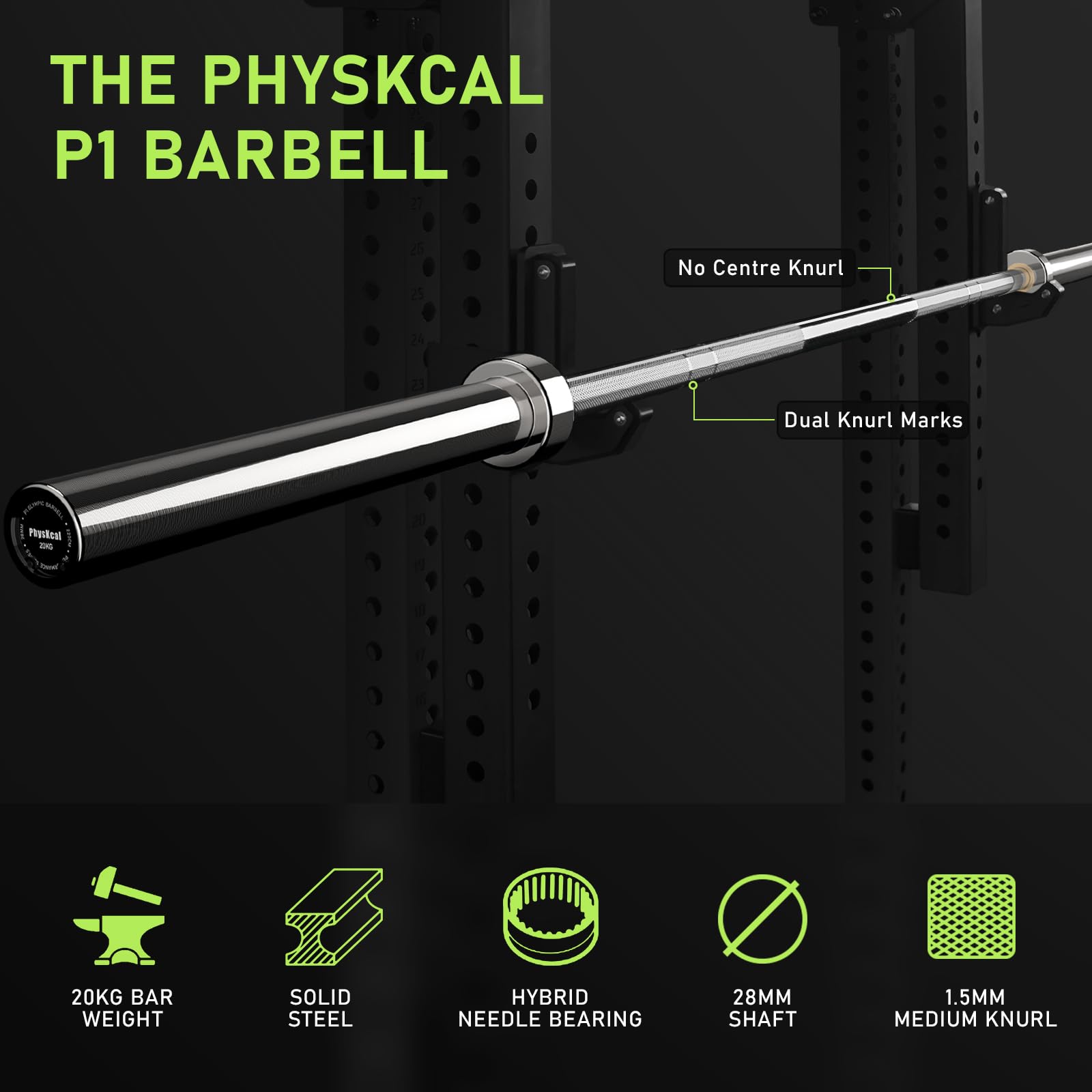 PhysKcal Bilanciere olimpico da 220 cm e 20 kg per dischi da 50 mm, lucido | Standard IWF, portata 750 libbre, doppia zigrinatura, bilanciere da uomo per WOD, sollevamento pesi e usi vari