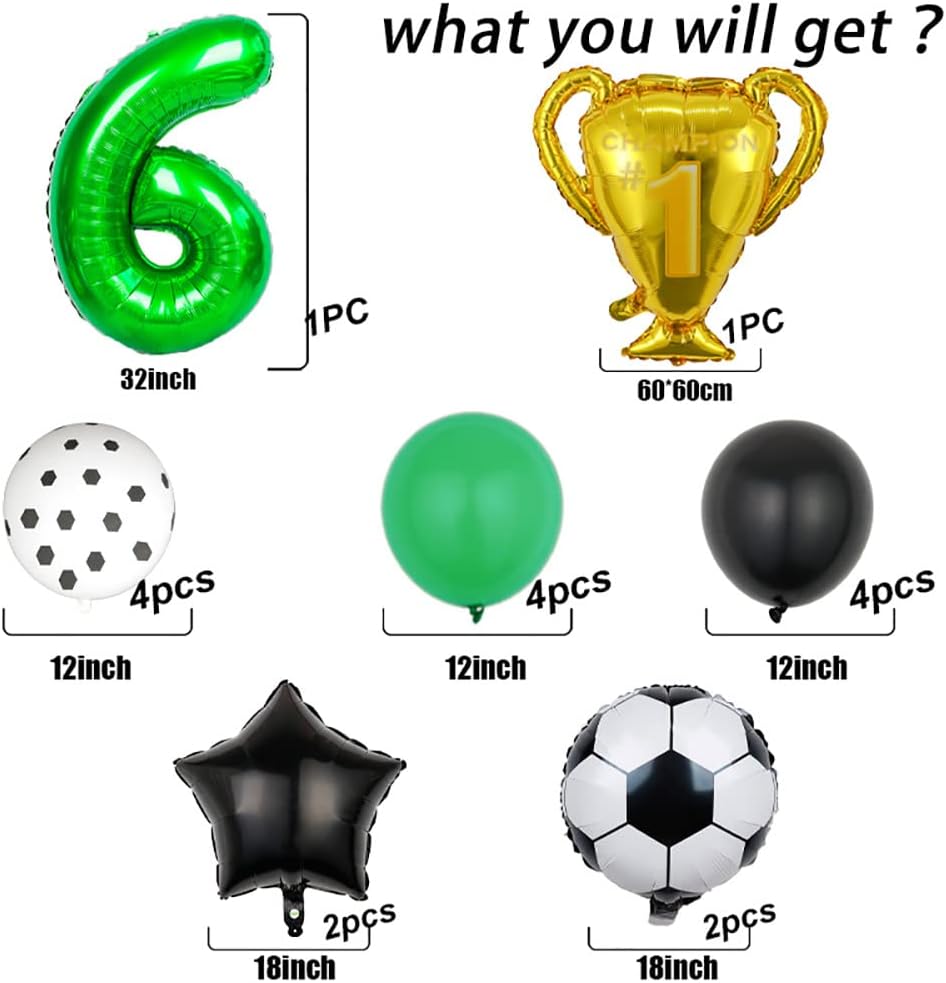 Soccer Champion Cup Balloon Set 6th Birthday Decoration Green Number 6 Foil Soccer Balloon Decoration Star Balloon 6th Birthday Party Bouquet Balloon for Children Boy Birthday Party Football Party - Image 2