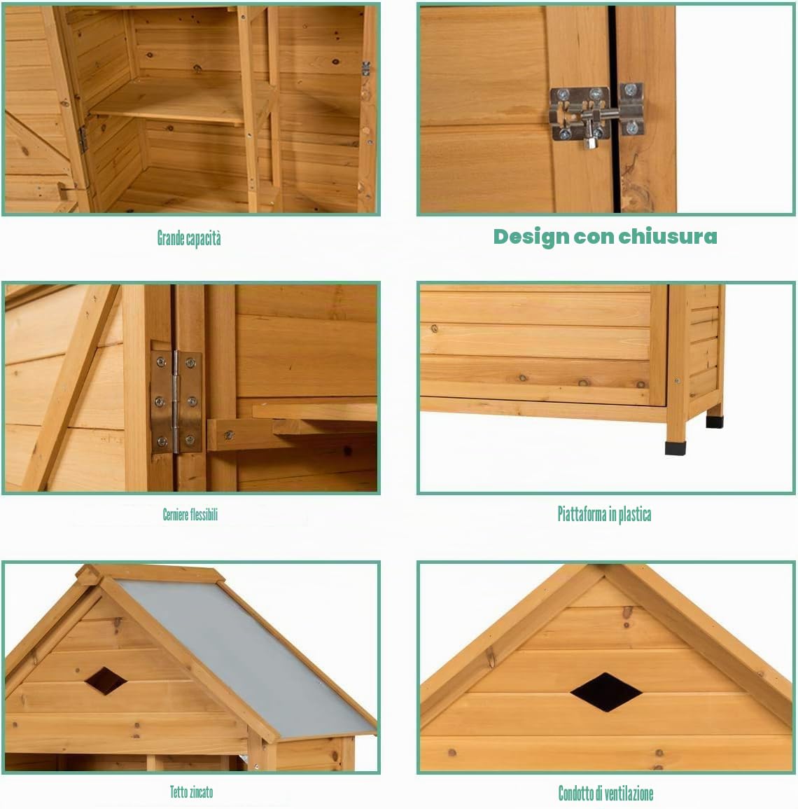 FANTASK Armadio da giardino in legno, 177 x 80 x 45 cm, per attrezzi da giardino, resistente alle intemperie, capanno da giardino, capanno in legno con tetto a due falde