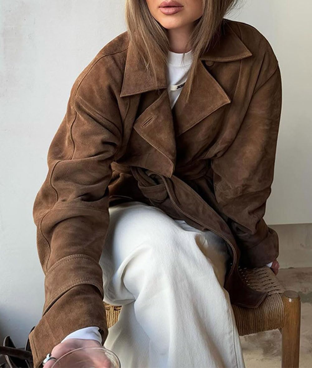 CHARTOU Faux Suede Leather Jacket 2025 Vintage Casual Cropped Wrap Coat with Belt - Image 6