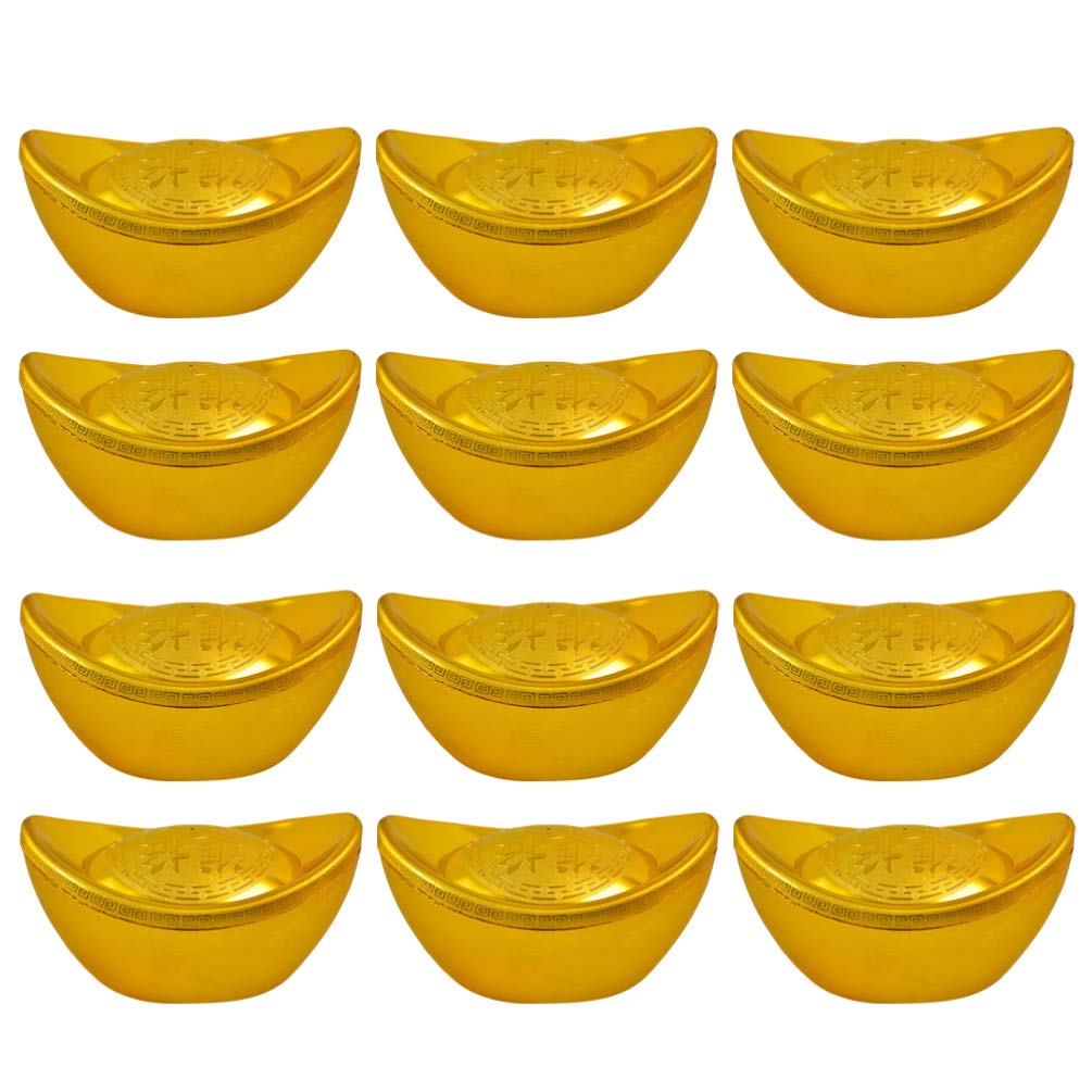 Housewarming Congratulatory 12pcs Chinese Feng Shui Statue Yuan Bao Figurine Golden Tone Ingot Lucky Money for Luck Home Desktop Decoration Size S Feng Shui Golden Treasure
