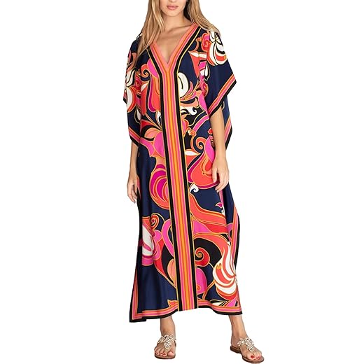 Eddoyee Women Long Print Swimwear Cover Up Sexy V Neck Side Split Beach Caftans Lounge Dresses