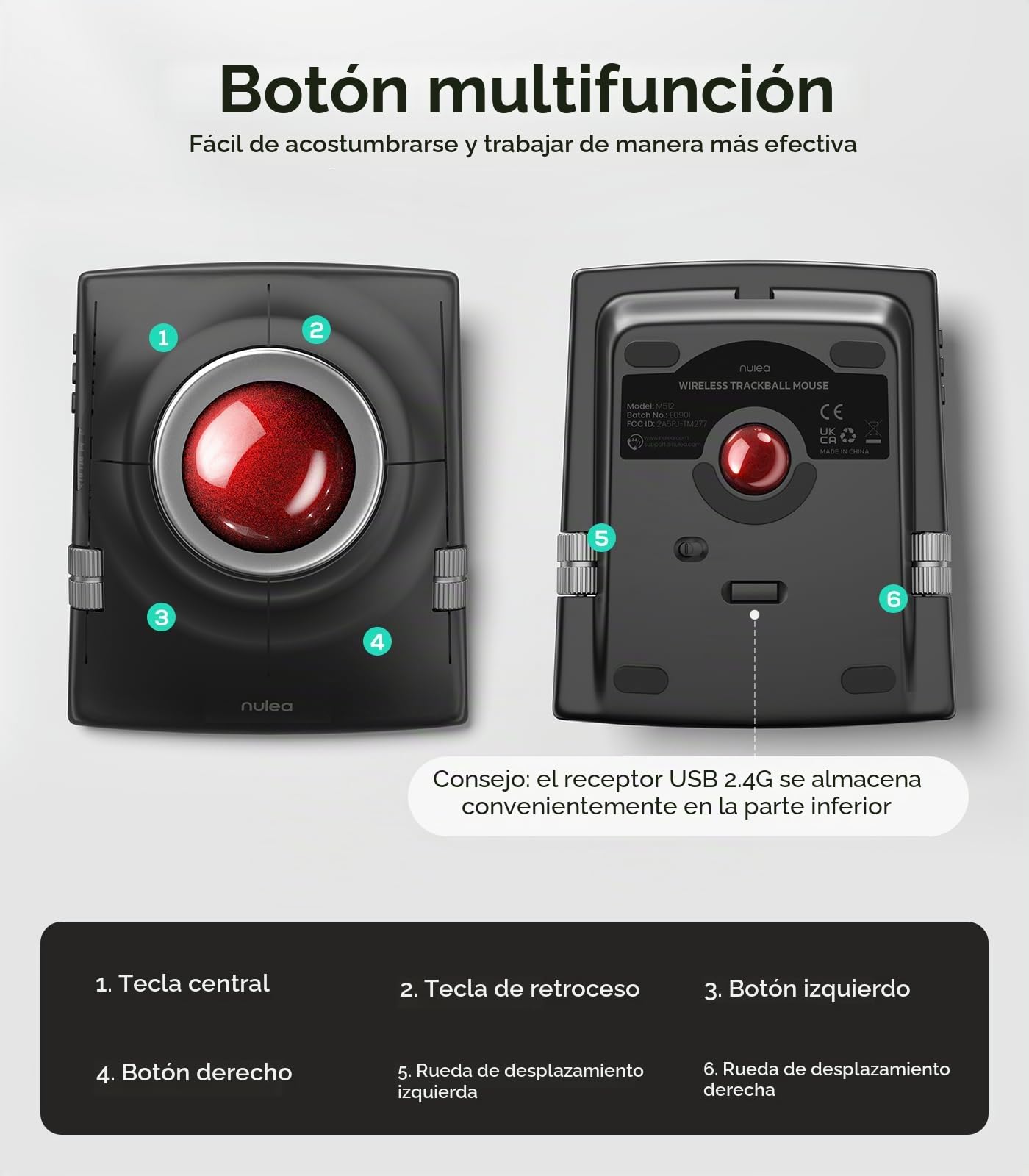 Nulea M512 Ratón Trackball Inalámbrico, Trackball Ergonómico de 55mm, dpi Ajustable para un Control Preciso, Compatible con Mano Derecha o Izquierda, Recargable, Bluetooth Multi-Dispositivo y 2.4GHz