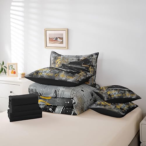 Miniatura 5 de Piano Music 7pcs Comforter King,Musical Notes Bedding Set Kids Girls Boys Teens Room Decor,Retro Graffiti Grey Gold Music Lover Bed in a