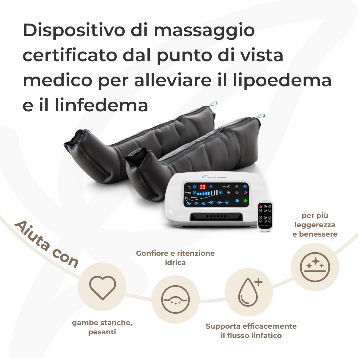 Vein Angel 6 Premium apparecchio per massaggi con gambali, 6 camere d'aria disattivabili, pressione & durata facilmente regolabili, 6 programmi di massaggio, no pressoterapia