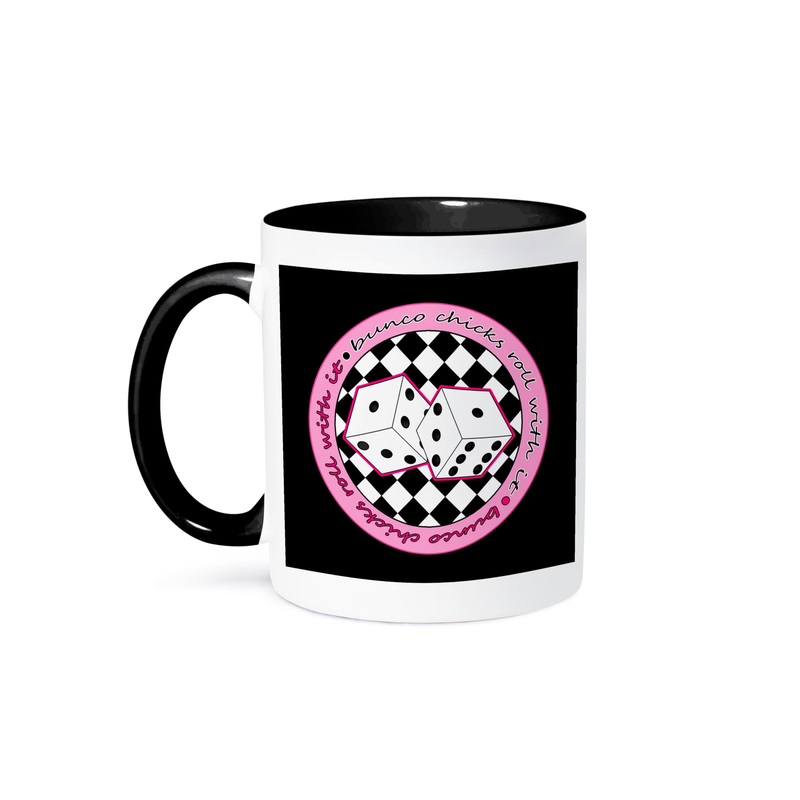 3dRose Bunco Chicks Roll with It Pink and Black Two Tone Black Mug, 11 oz, Black/White