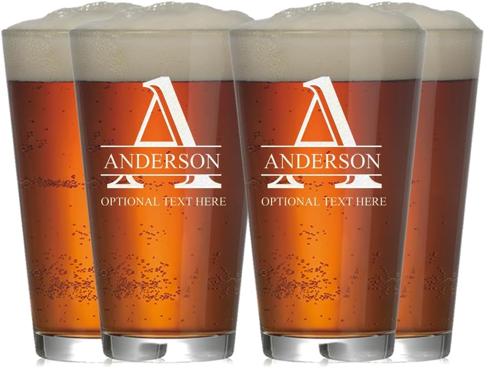 Personalized Beer Glass - Custom Text Monogram Pint Glass, Engraved Beer Can, Gift for Dad, Birthday, Father’s Day and Groomsmen (Pint 4Pack, Classic Split)