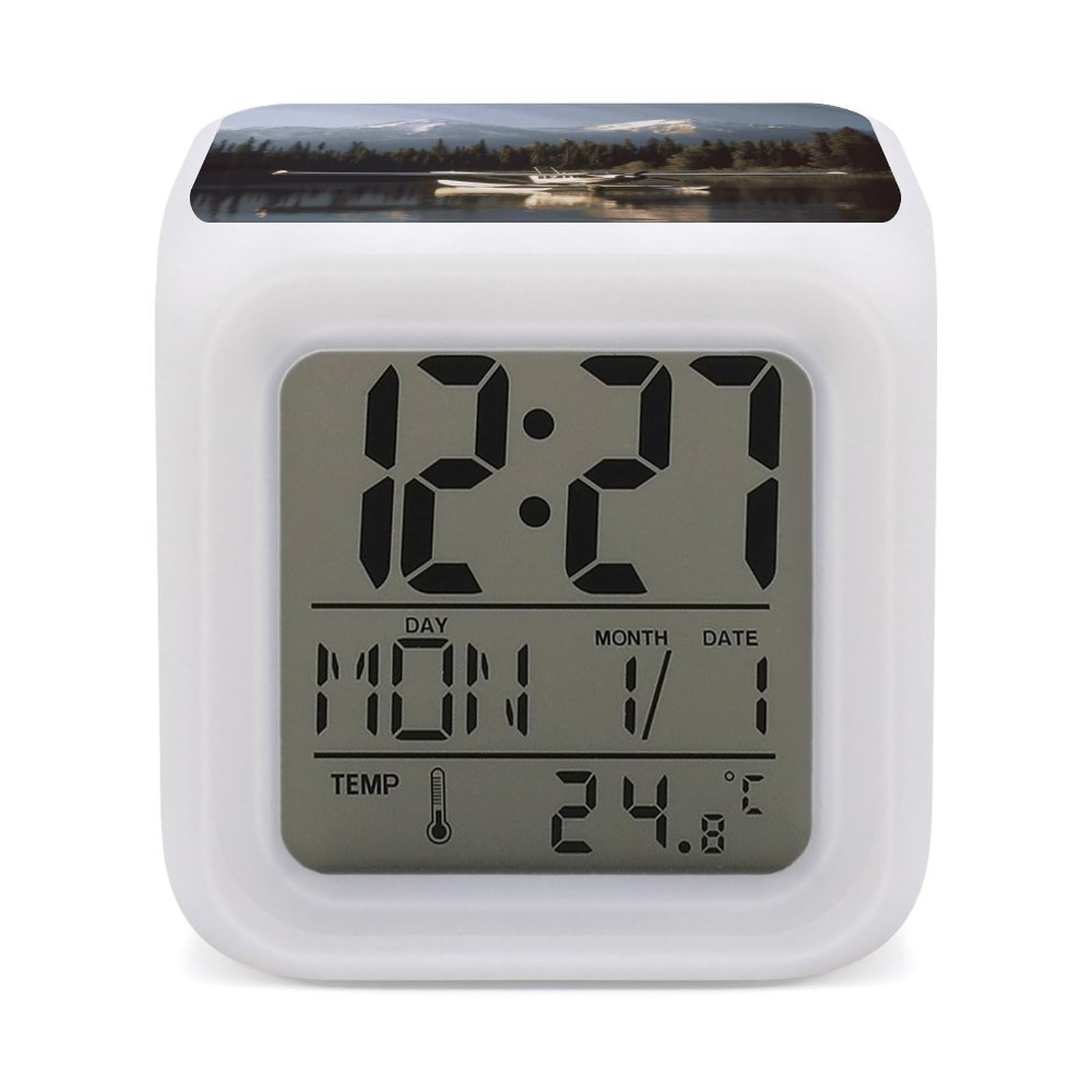VstaDank Airplane on Lake Alarm Clock with 7 Color Changing Night Light Date Temp Display Wake Clocks LED Display Digital Clock Electric Desk Clocks for Living Office Bedroom Decor