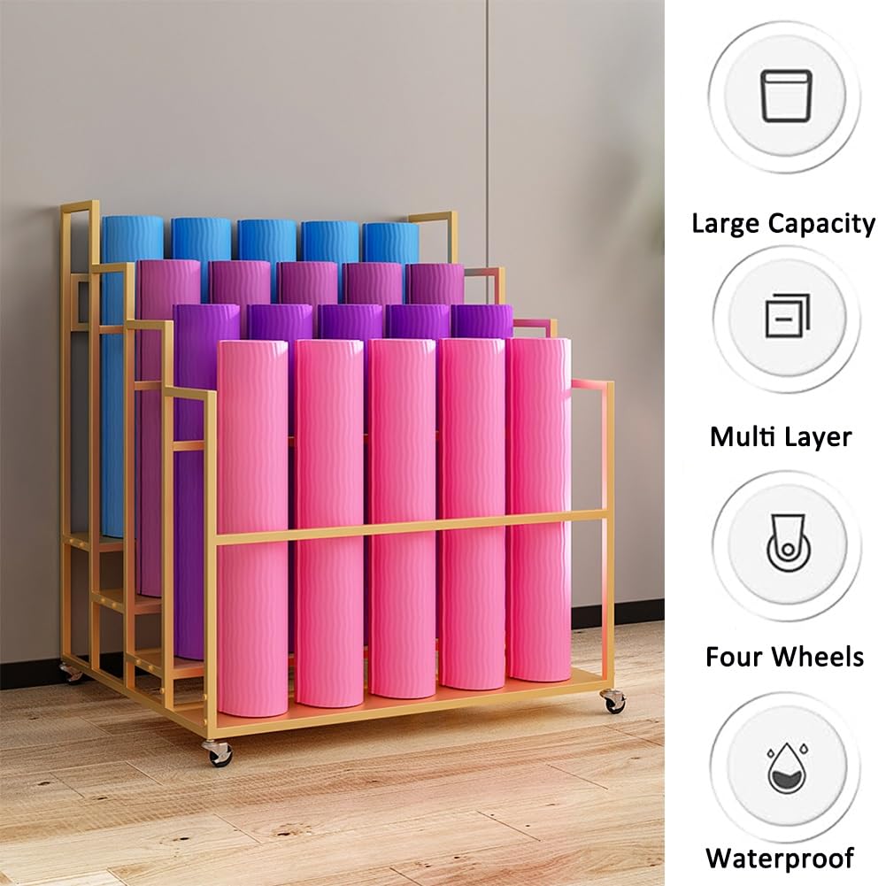 Soporte para Esterilla de Yoga, Carrito con Ruedas para almacenar esterillas de Yoga - Organizador de Rodillos de Espuma de Gran Capacidad, Carrito Resistente de 4 Niveles para Estudio de yo