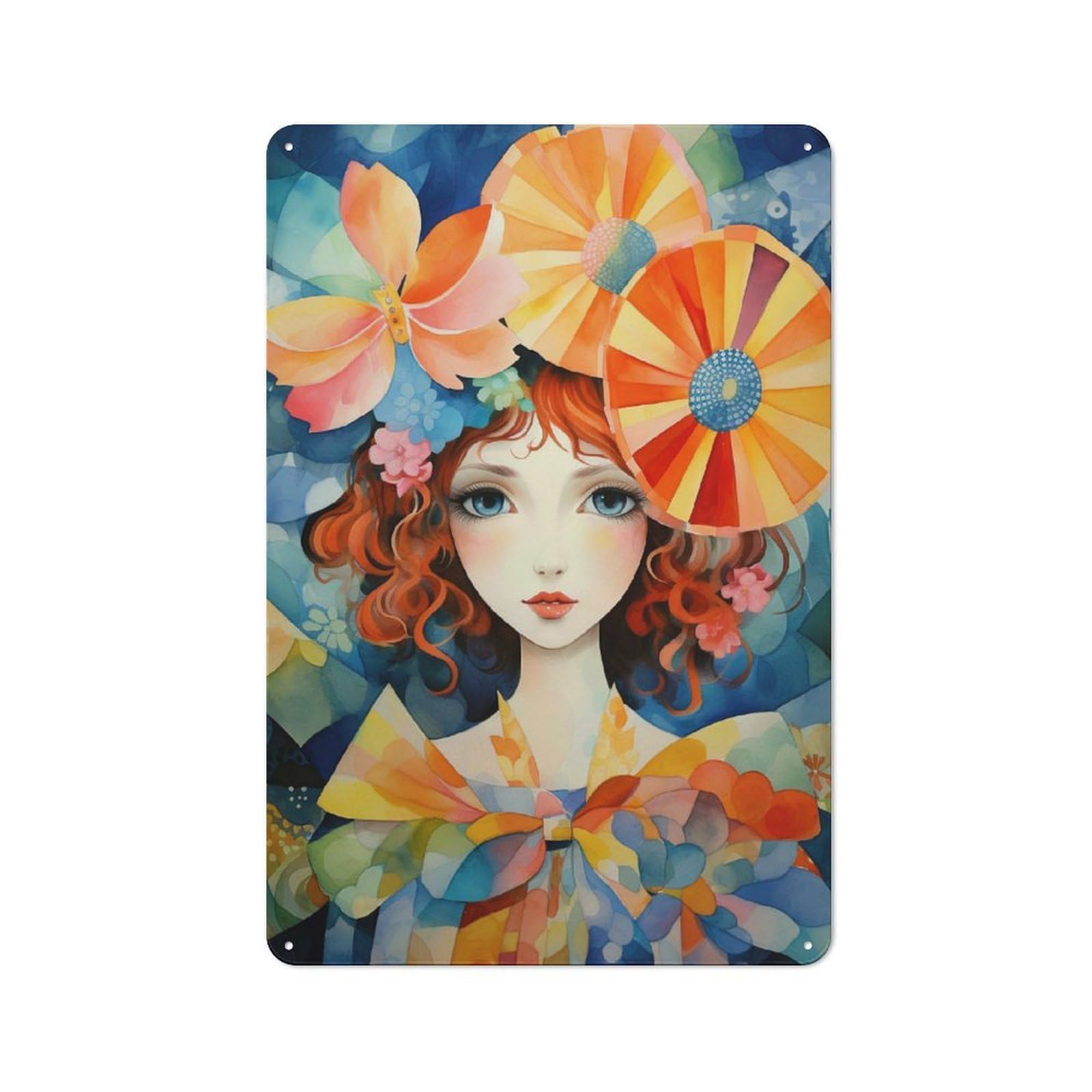 Junmoney Style-14 Watercolor Portrait With Floral Accents Vintage Metal Plaque 30X20cm For Hobby Room Or Studio, Suited To Hobby Room Decor Fans