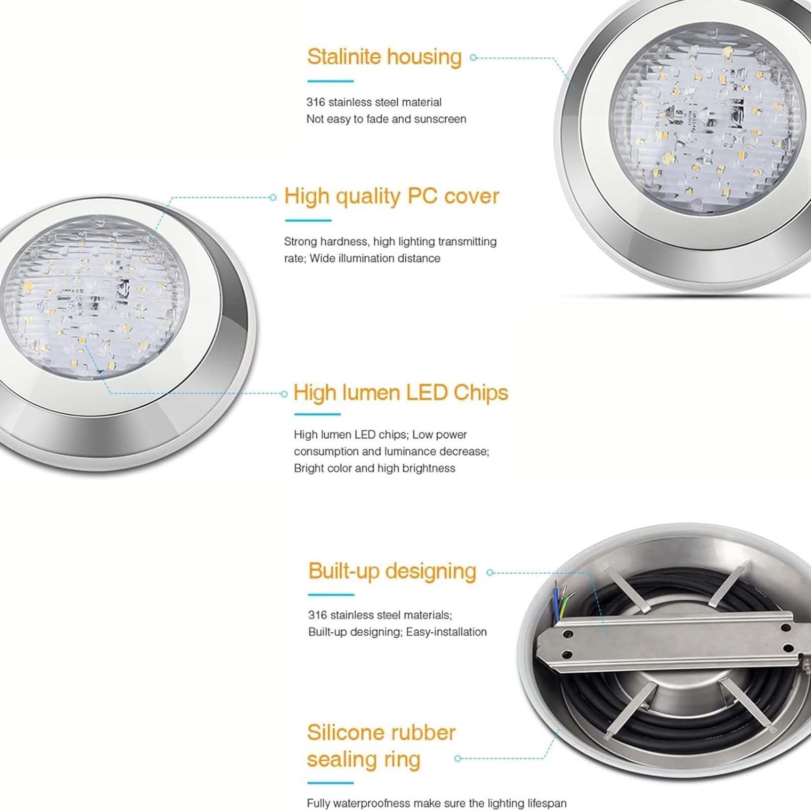 Faro Subacqueo A LED Ad Anello per Fontane, Illuminazione per Piscine in Acciaio Inossidabile con Grado di Protezione IP68, Luce Subacquea da Incasso A 12 V CA(RGB,24w)