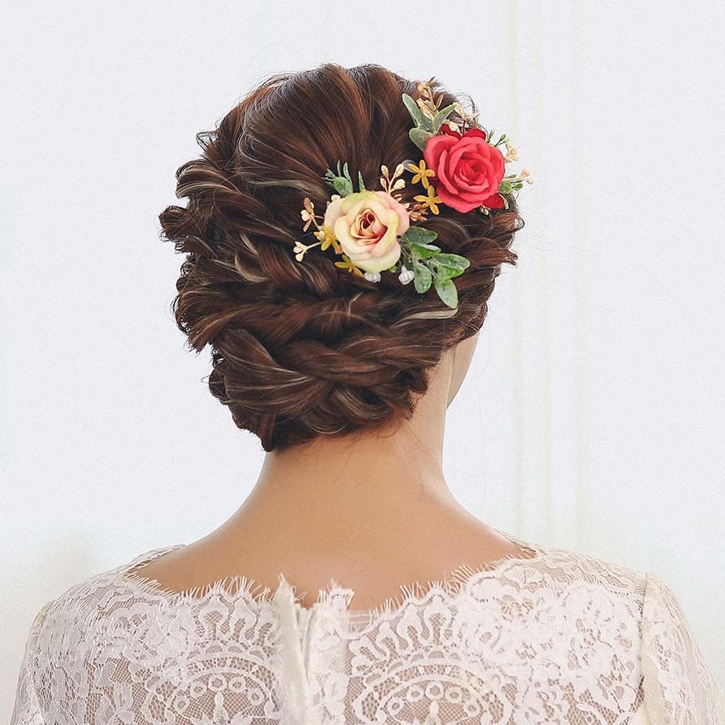 IYOU Flower Leaves Hair Pins Red Wedding Headpiece Bridal Prom Hairpins Hair Accessories for Women and Girls(2 Pcs) - Image 3