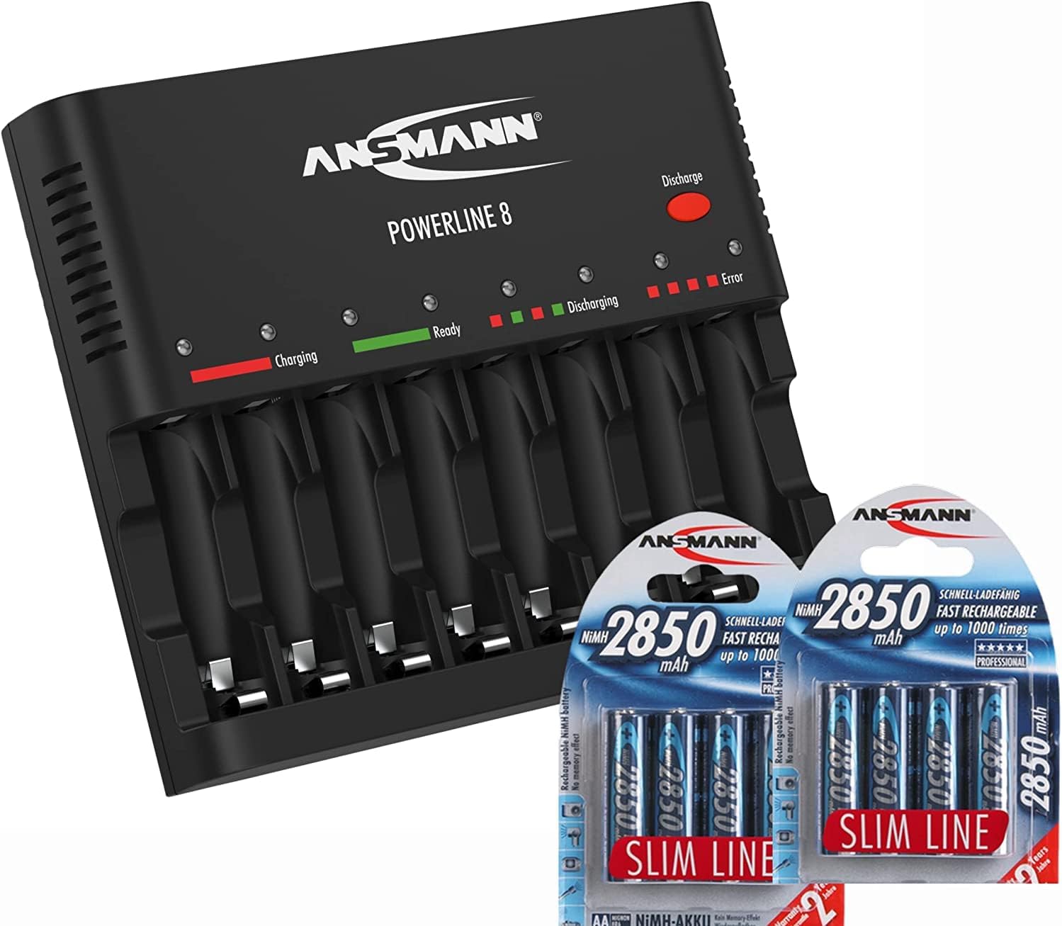 Ansmann 1001-0006-US-590-2 Powerline 8 AAA & AA Smart Battery Charger for AA, AAA w. Discharge Function + 2850mAh Slimline AA Batteries (8-Pack)