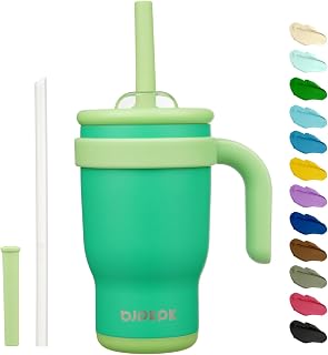 BJPKPK 14 OZ Insulated Travel Tumbler with Handle and Straw, Stainless Steel Water Bottle, Double Wall Vacuum Insulated Mug, for Work, Car, Travel, Olive Green