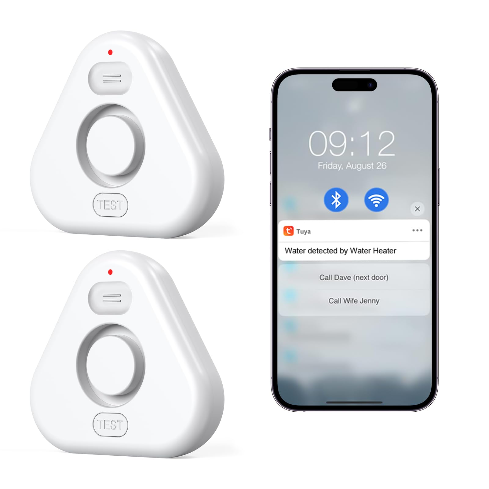 Sensor detector de agua, detectores de fugas de agua para el hogar con alertas de aplicación, alarma de agua con alarma ajustable de 120 db, transmisión de 500 pies para sótano, baño, lavandería, no