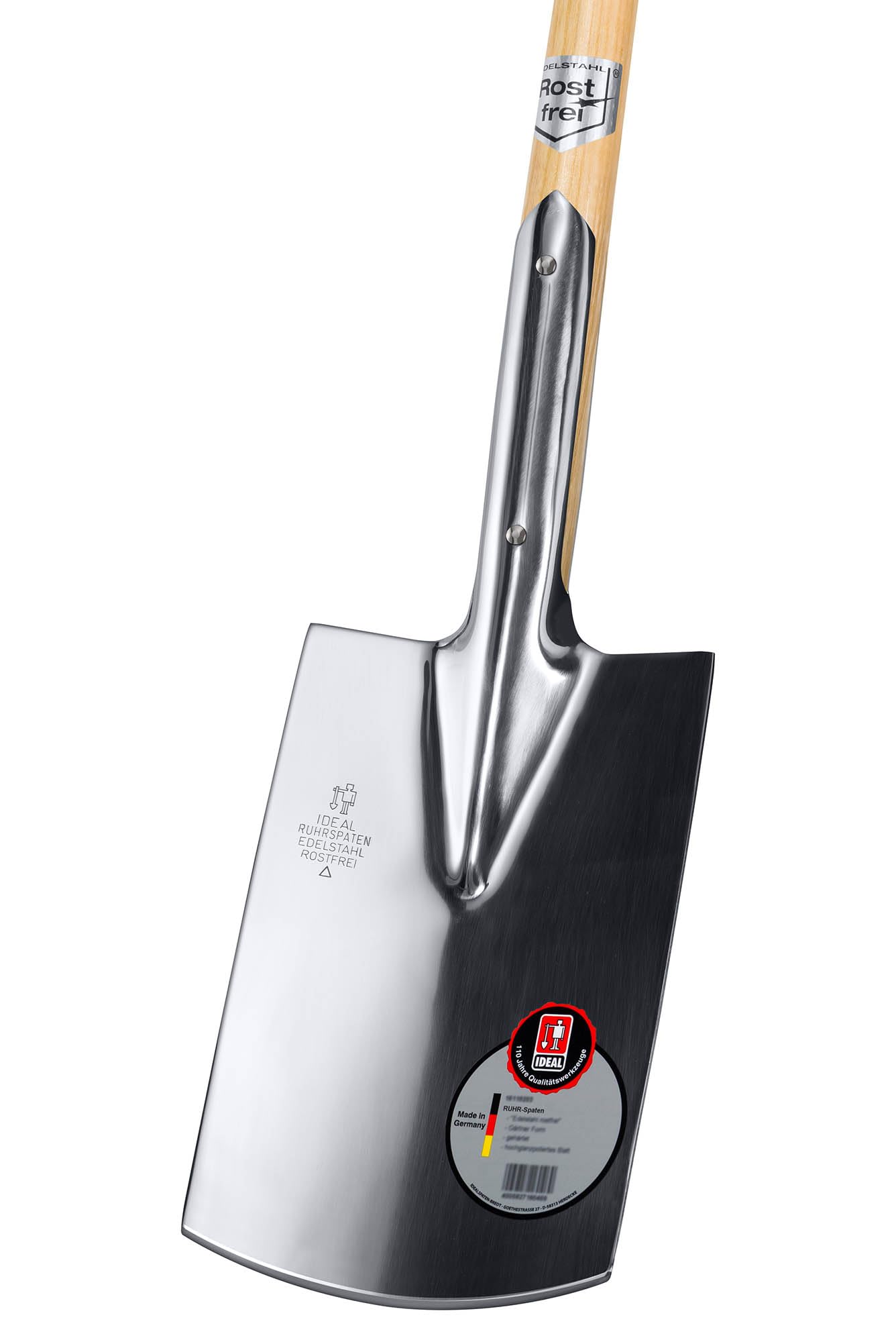 Ruhr-Spaten Gärtnerform Edelstahl rostfrei | Allround-Spaten für mittelfeste Böden | hochglanzpolierter Doppelfederspaten, ohne Tritt, Eschen-T-Stiel 85 cm, von IDEALSPATEN