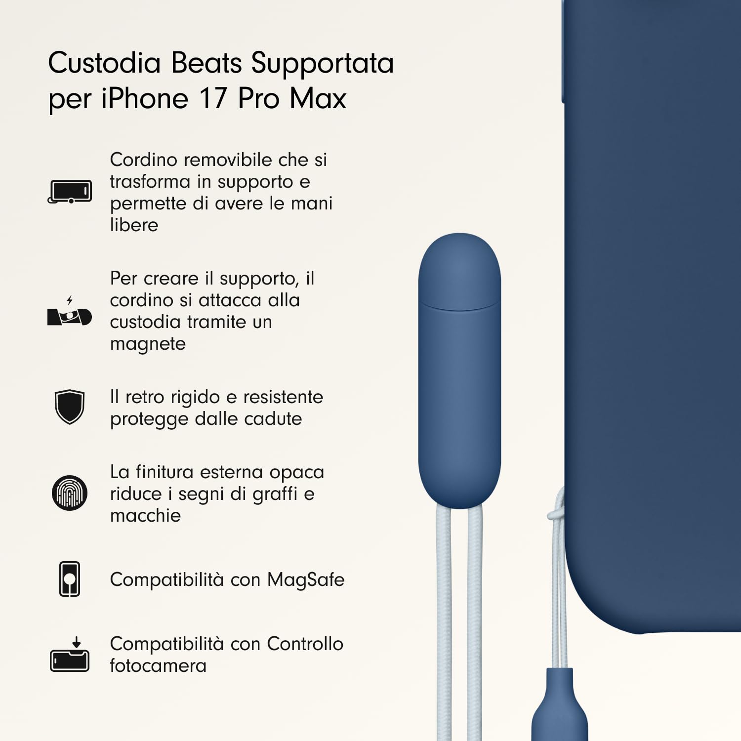 Beats Custodia Cavalletto per iPhone 17 Pro Max con MagSafe e Controllo fotocamera, cordino che funge da supporto integrato, finitura opaca, fodera in microfibra - Blu roccia madre
