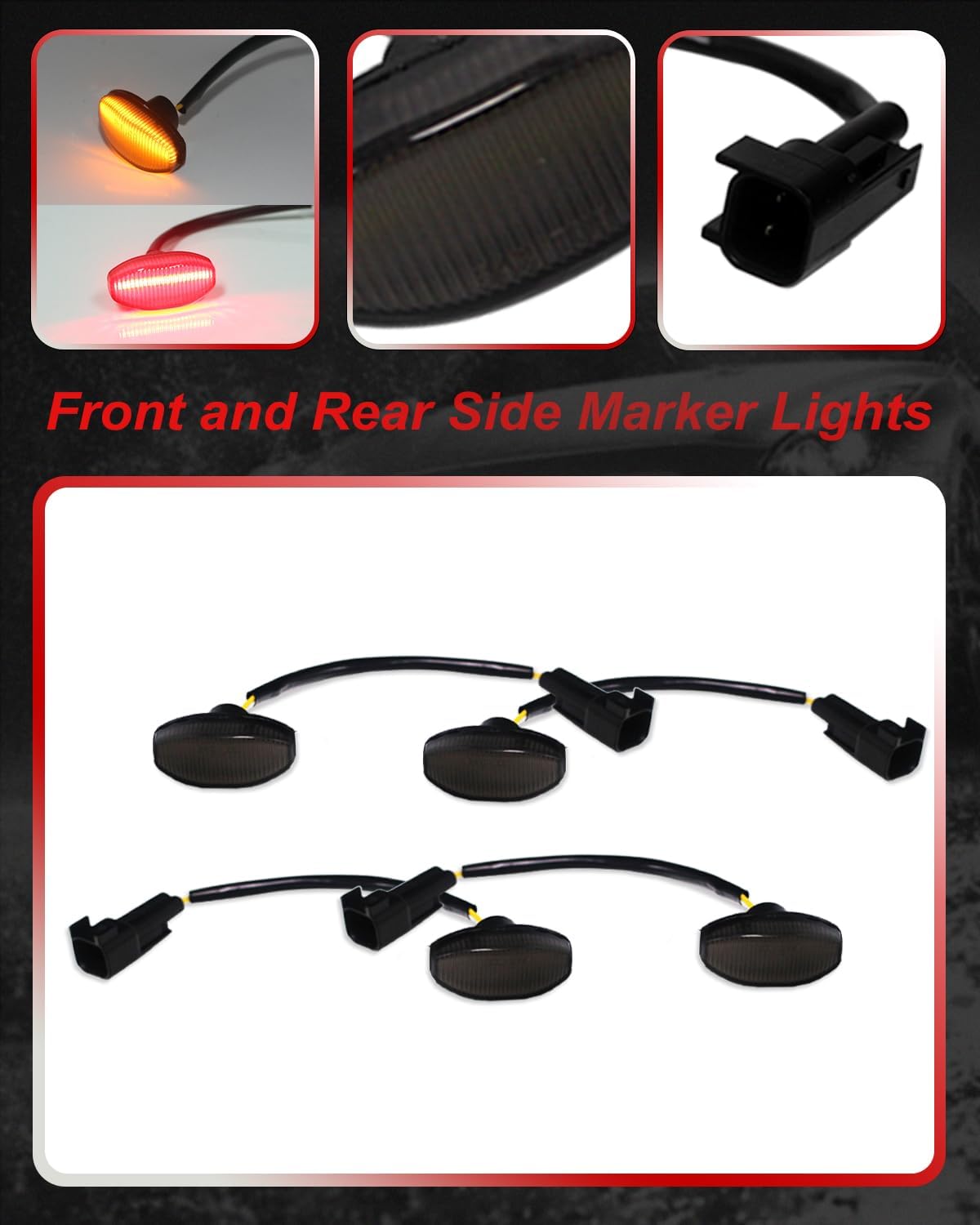 4-Piece For Ford SVT Raptor 2010-2014 Replace OEM Sidemarker Lamp Smoked Lens Amber&Red LED Front/Rear Fender Bumper Side Marker Lights Corner Marker Light Parking Lamp