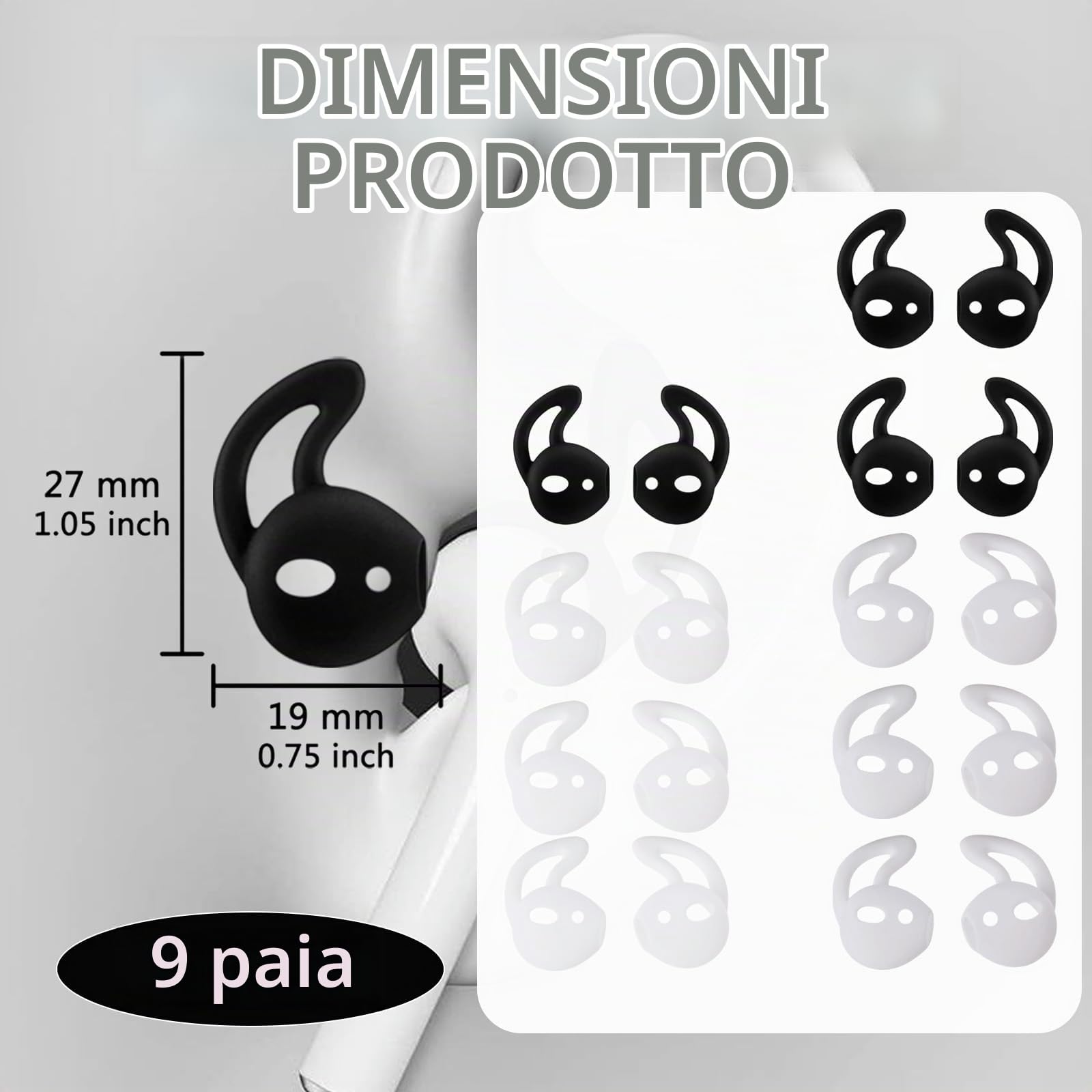 Set Da 9 Paia Di Gommini In Silicone Per Auricolari, Ricambio Ergonomico Con Ottimo Isolamento Acustico, Misure E Colori Vari, Resistenti Allo Sport
