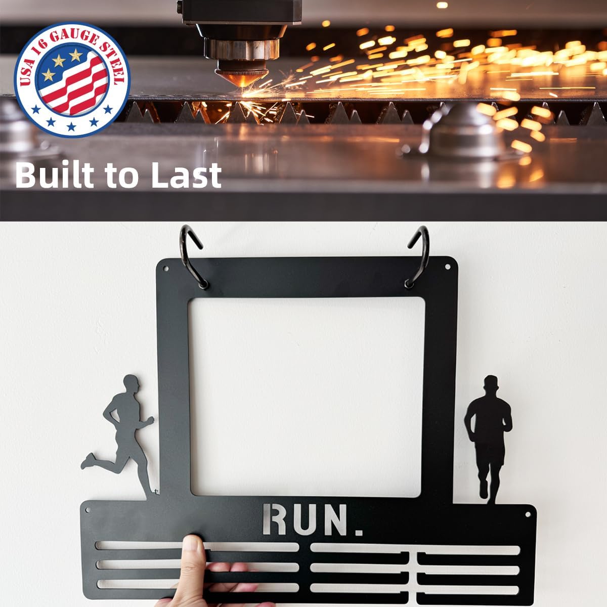 Race Bib and Medal Display for Runners, 16" Metal Marathon Medal Hanger Display with Bib Holder, Running Medal Hanger Display for Wall, Marathon Runner Gift
