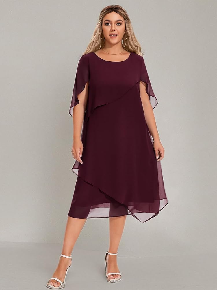 Fynadressr Women Plus Size Cape Dress with Chiffon Overlay Elegant Wedding  Guest Cocktail Party Dress, Burgundy, L : Amazon.co.uk: Fashion