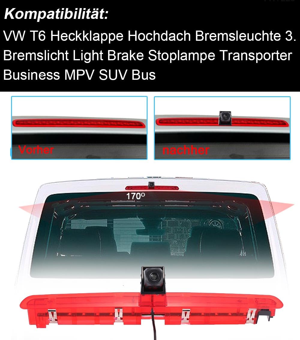 Lampa hamowania HD kamera cofania z wyświetlaczem LCD 4,3 cala zamiennik lusterka wstecznego do VW T6 tylnej klapy wysokiego dachu, światło hamowania, transporter, biznes, MPV, SUV Bus