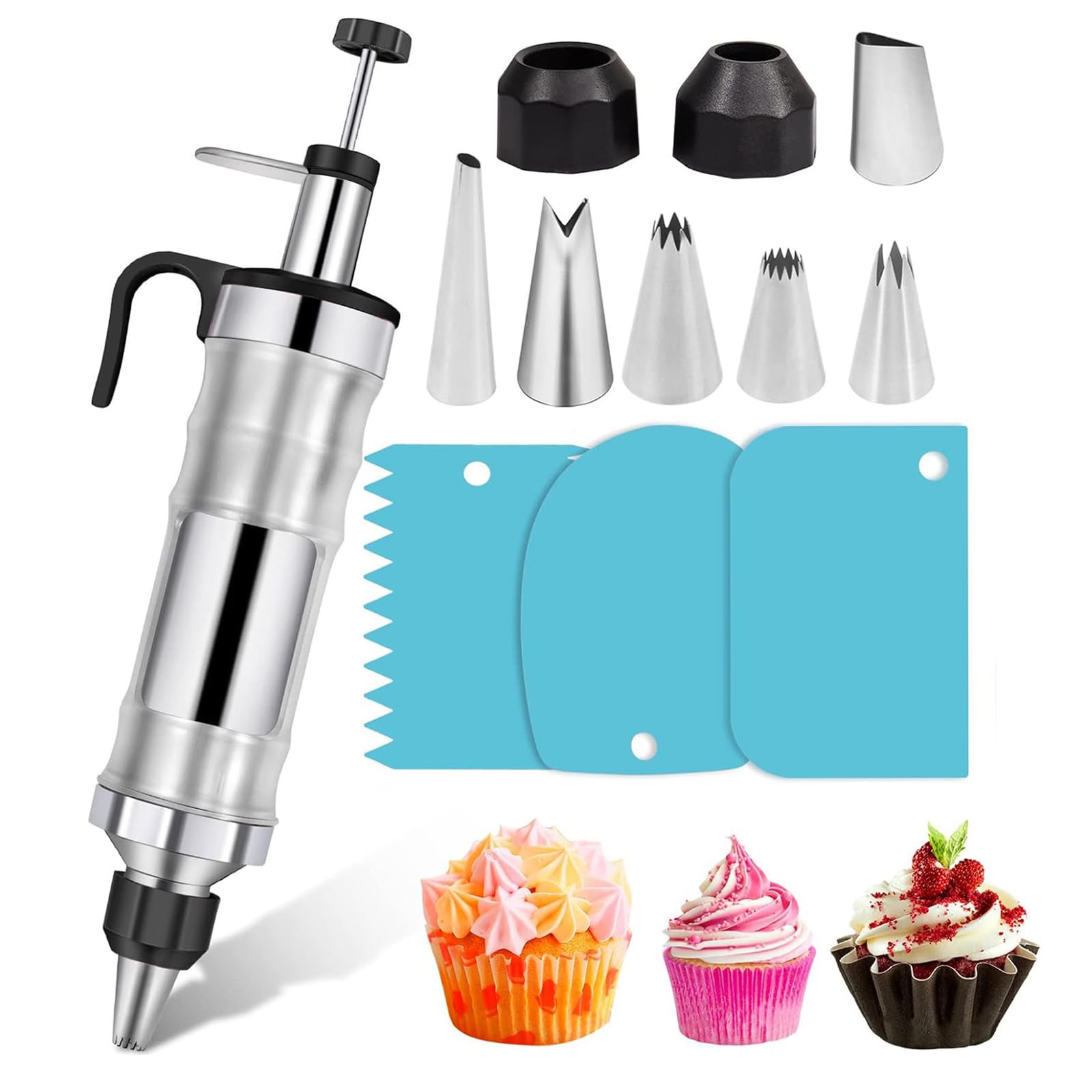 Juego de pistolas de decoración de glaseado, herramientas de decoración de pasteles con 3 raspadores de crema y 6 boquillas reemplazables, fácil de usar para principiantes, ideal para decoración de