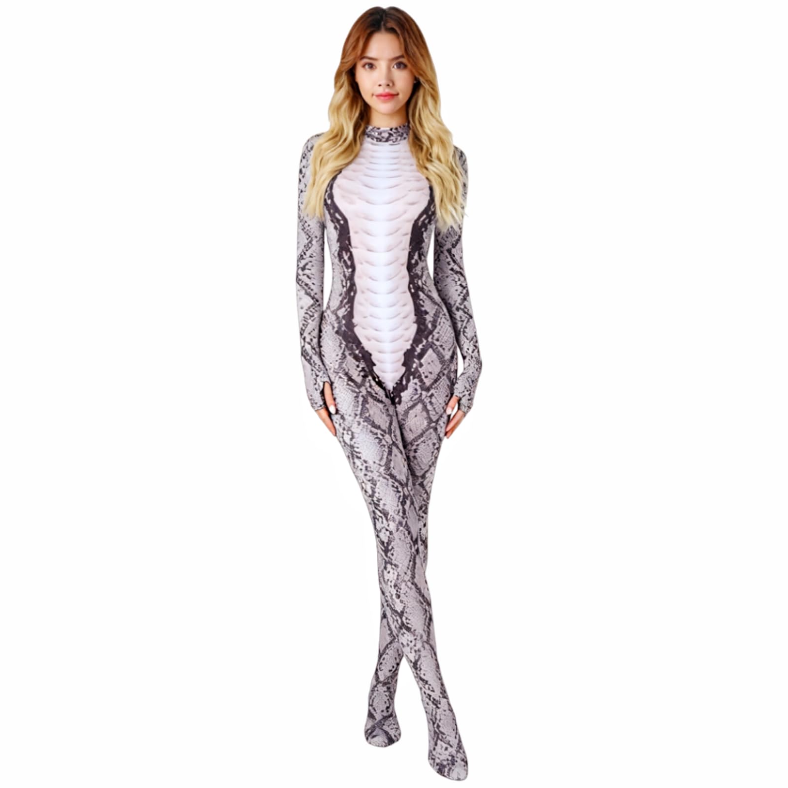 Women’s Snake Bodysuit Snakeskin Catsuit Cosplay, Full Body Halloween Reptile Costume Suit Outfit, Back Zipper, Stretch