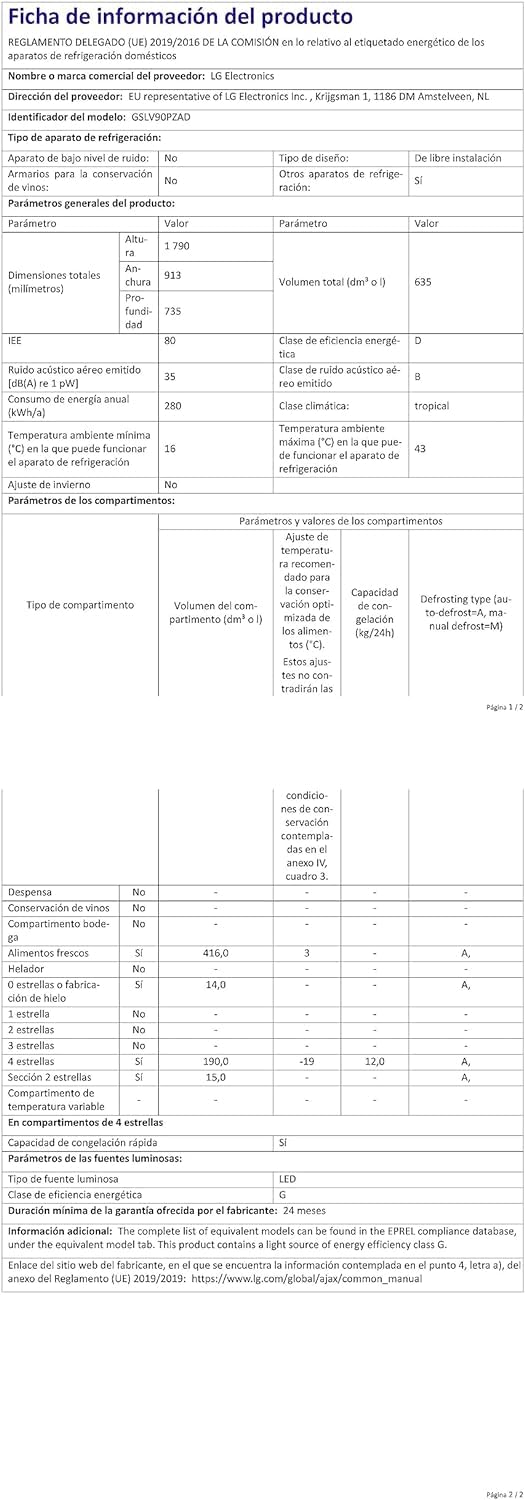 LG GSLV90PZAD Frigorifero Americano 635 Litri Clase Energetica D No Frost Silver