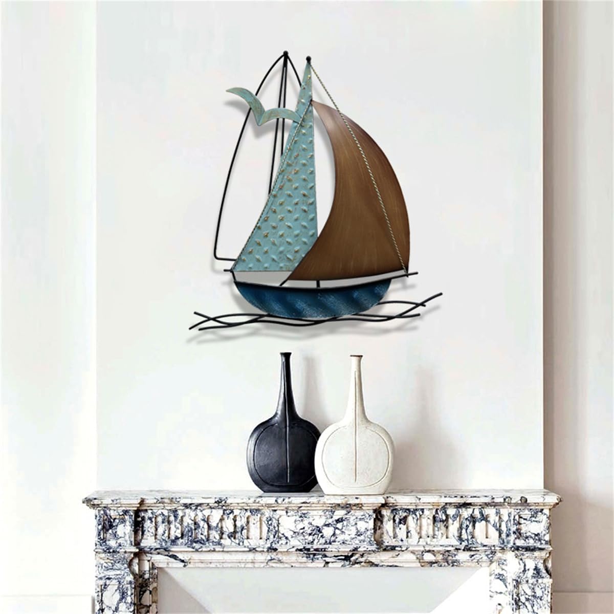 WSNCXFW Metal Sailboat Wall Decor, 3D Nautical Ship Wall Sculptures,Metal Beach Wall Décor,coastal/nautical metal wall art,Handmade Boat Hanging Ornament Home Decoration,A