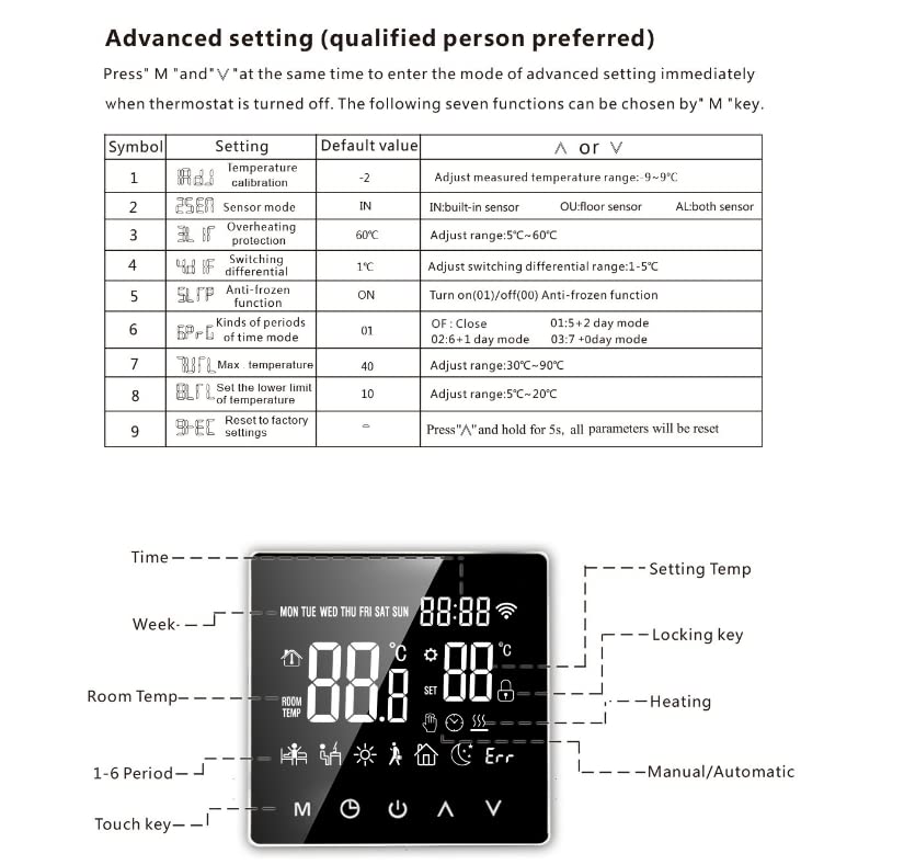 Termostato digitale H3 + display touch illuminato da incasso con sonda per riscaldamento a pavimento elettrico e ad acqua, programma settimanale programmabile, bianco