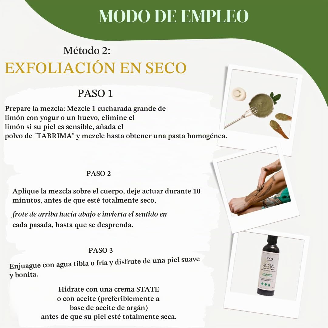 Exfoliante Corporal Brillo y Antirugosidades (Tabrima), 100%Natural y Orgánico con NILA, Oliban y Plantas-Para Queratosis, Celulitis, Desintoxicación Axilas, Antes del Bronceado y Depilación-Efectos