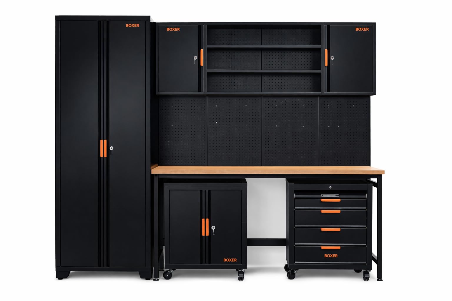 Set de banco de trabajo Boxer® - equipamiento para taller - incluye banco de trabajo, armario alto, armario superior, carros y paredes de herramientas - pies ajustables en altura - para garaje y