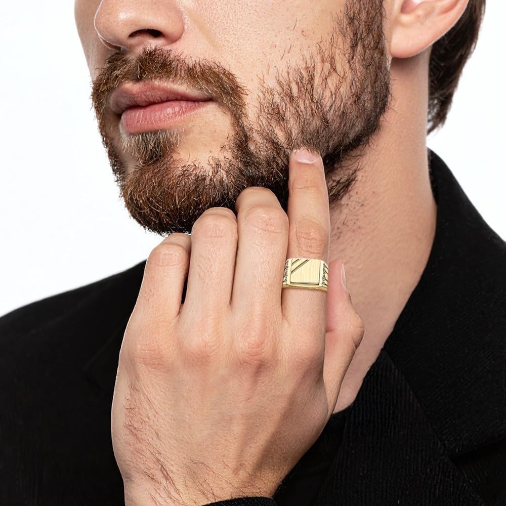 IceCarats 14K Solid Yellow Gold Square Engraved Signet Ring 3mm Slim Band Polished, Satin, Engravable Matte