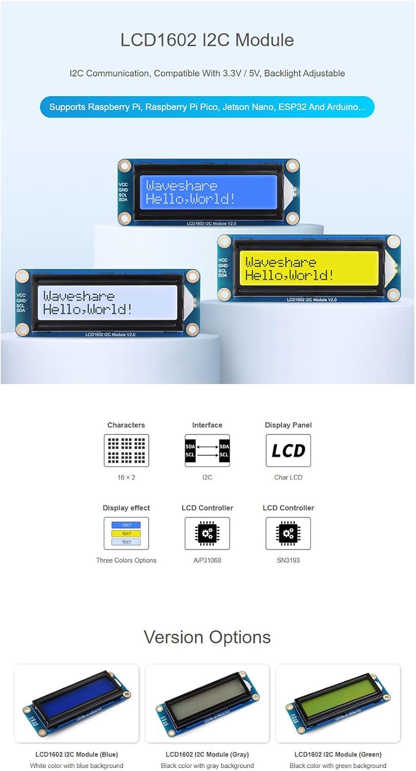 LCD1602 I2C Display Module with Backlight, 16x2 Blue Character LCD for Raspberry Pi, Arduino, ESP32, 3.3V/5V Compatible (32 Characters, I2C Interface)