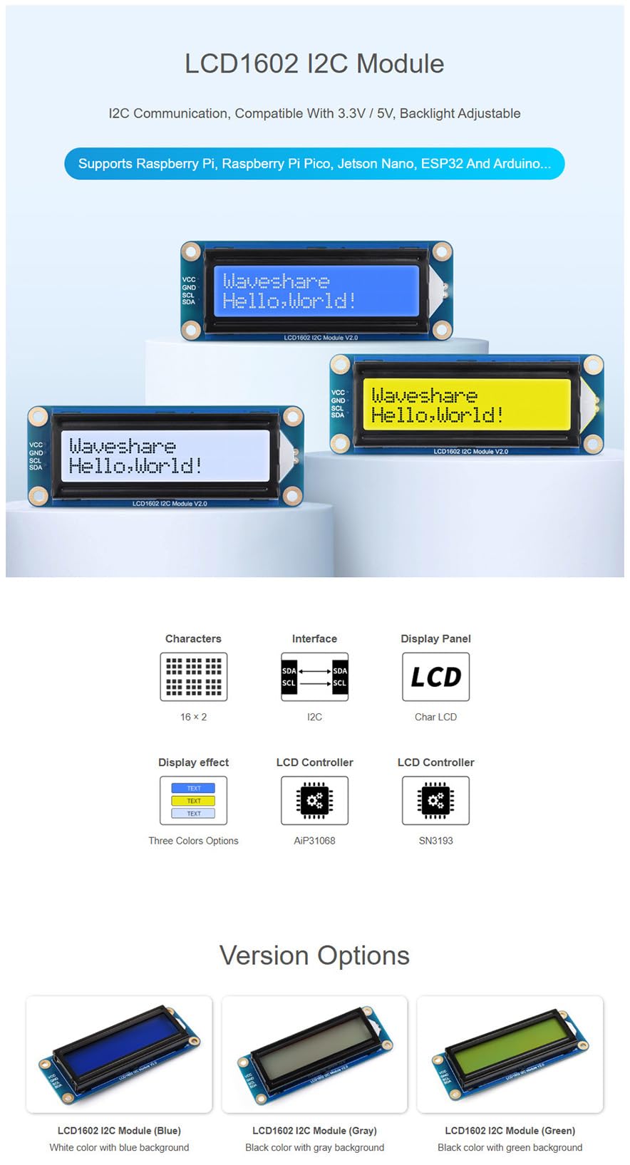 Écran LCD 1602 I2C Waveshare Blanc Sur Bleu - Compatible Raspberry Pi Arduino ESP32