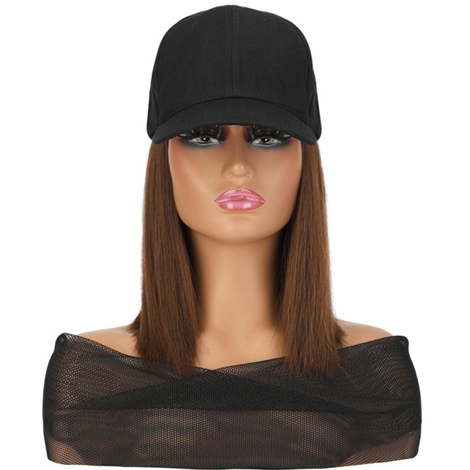 YEKEYI Baseball Cap with Hair Extensions Straight Short Bob Hairstyle Adjustable Wig Hat Replacement Wigs in Hat for Girls Women