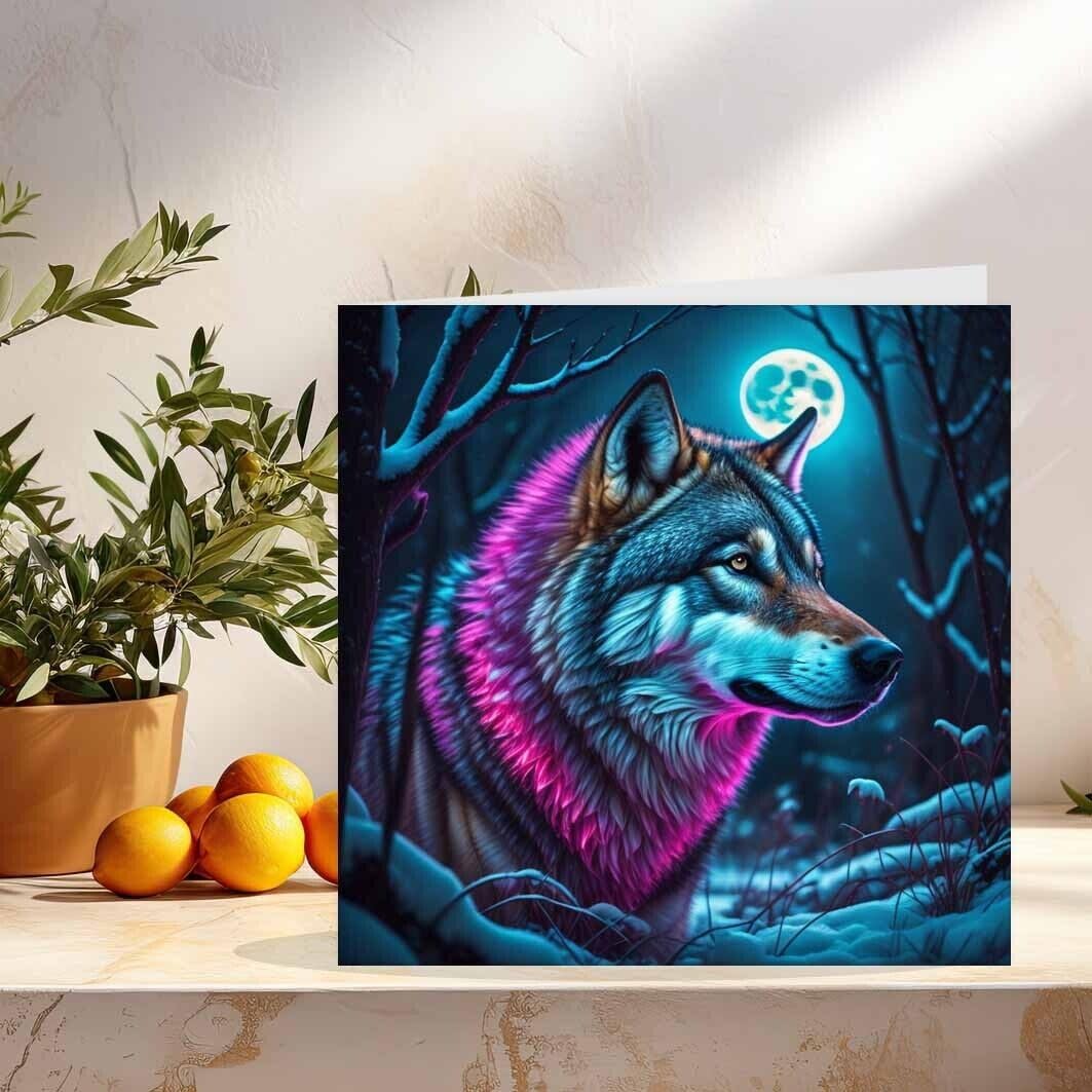 Biglietto Di Auguri Di Compleanno Con Lupo E Luna – 145x145 Mm – Fatto A Mano In UK Con Carta Riciclata