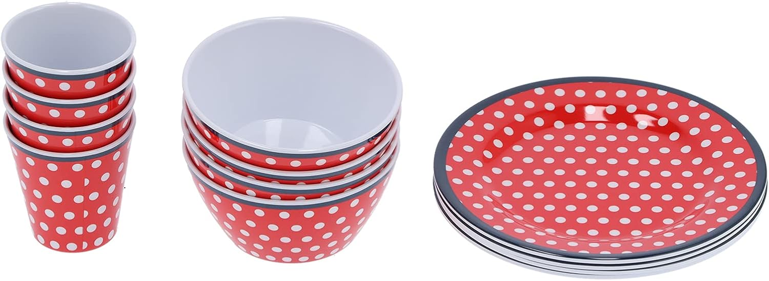 Vajilla de melamina, 12 Unids/set Juego de vajilla para el hogar Plato de taza de melamina de punto rojo para restaurante Hogar