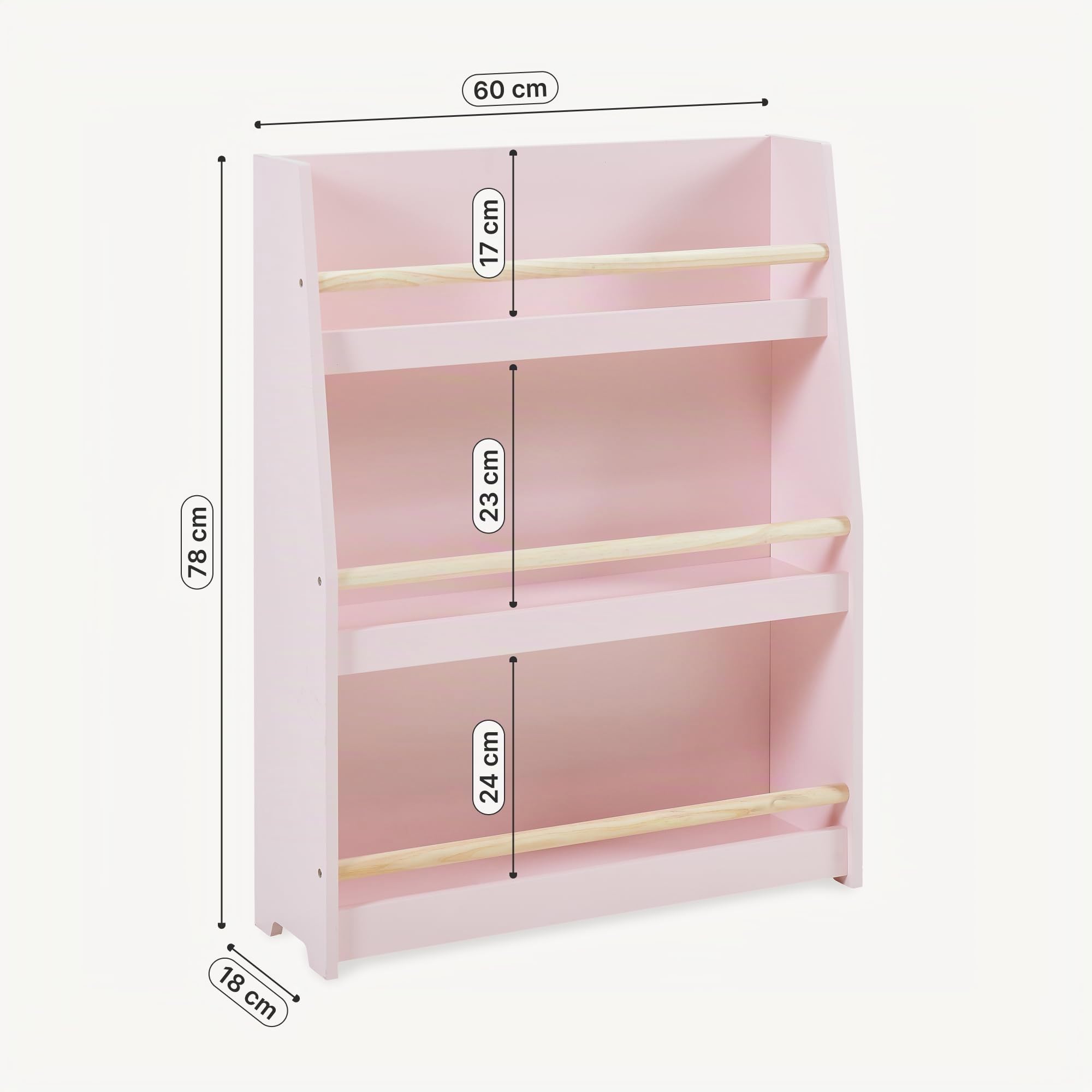 [en.casa] Libreria Montessori per Bambini a 3 Scomparti Aperti con Barra Scaffale Frontale Libri Quaderni Giocattoli per Cameretta Angolo Lettura 78 x 60 x 18 cm - Rosa