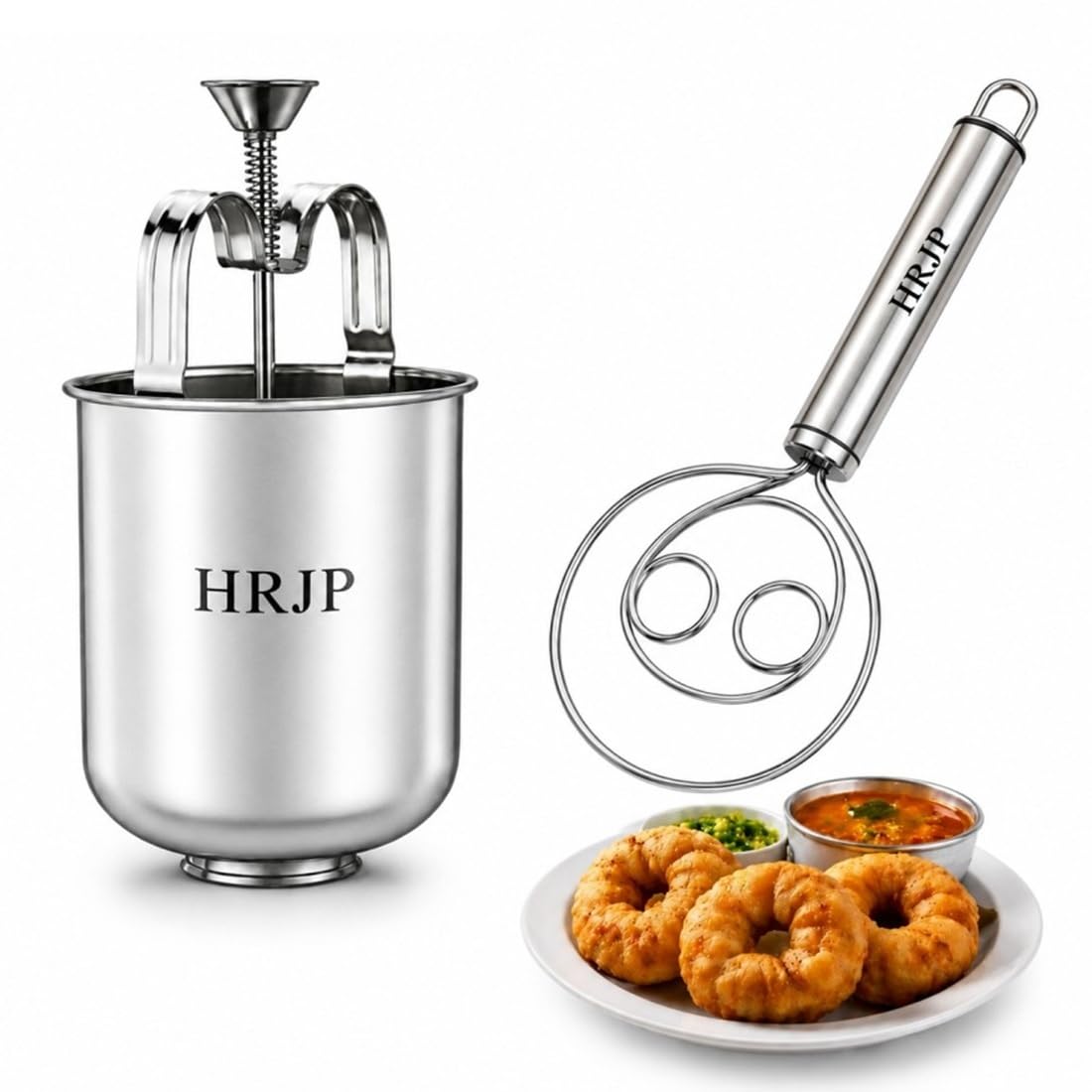 HRJP Perfectly Shaped and Crispy Medu Vada Maker The Ultimate Medu Vada Maker Machine Medu Vada and Donut Maker Stainless Steel for Homemade (Medu Vada + Manual Whisk)