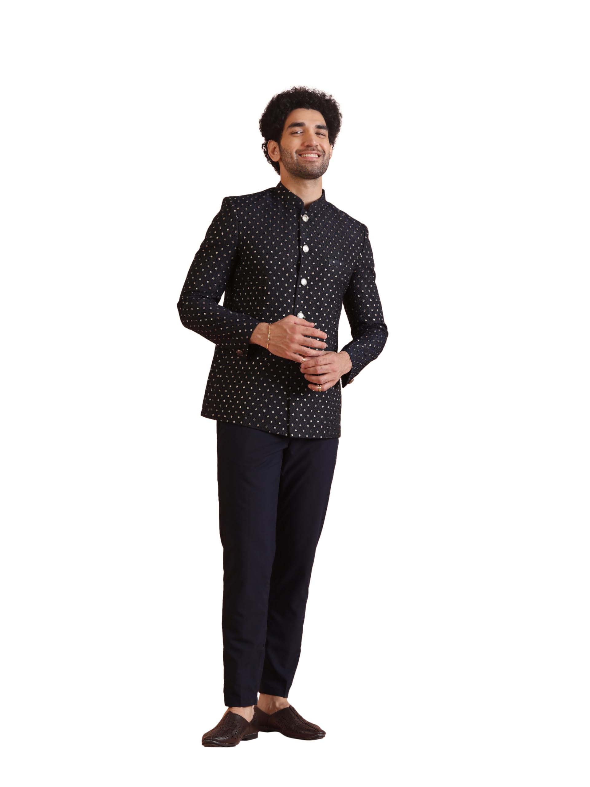 kisah Men's Jodhpuri Bandhgala-Blazer Trouser Set, Navy Blue Silk Blend, Woven Design Regular Fit Mandarin Collar Long Sleeves-picture-21
