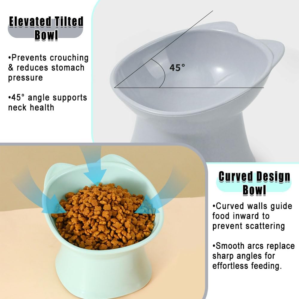 ​2 Psc Tilted Cute cat Food Bowls - 15° Whisker Relief & Digestive Aid, Anti-Vomit Shallow Feeding Dish for Cats,Shallow Cats Bowl, Easy-Clean (Green/Blue)