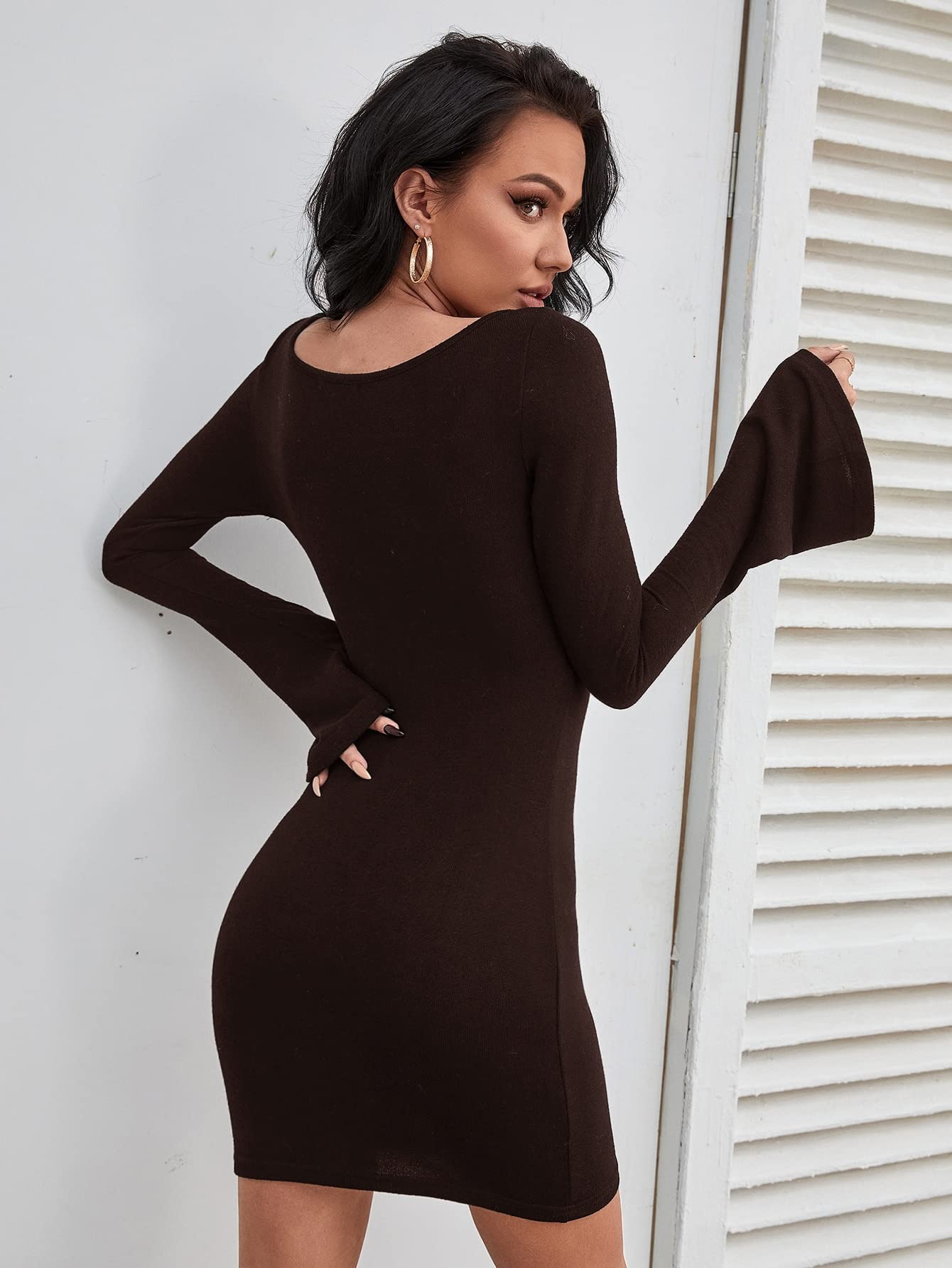 Amazon.com: Women's Dresses Twist Front Flounce Sleeve Bodycon Dress Dress  for Women(Chocolate Brown,Medium) : Clothing, Shoes & Jewelry