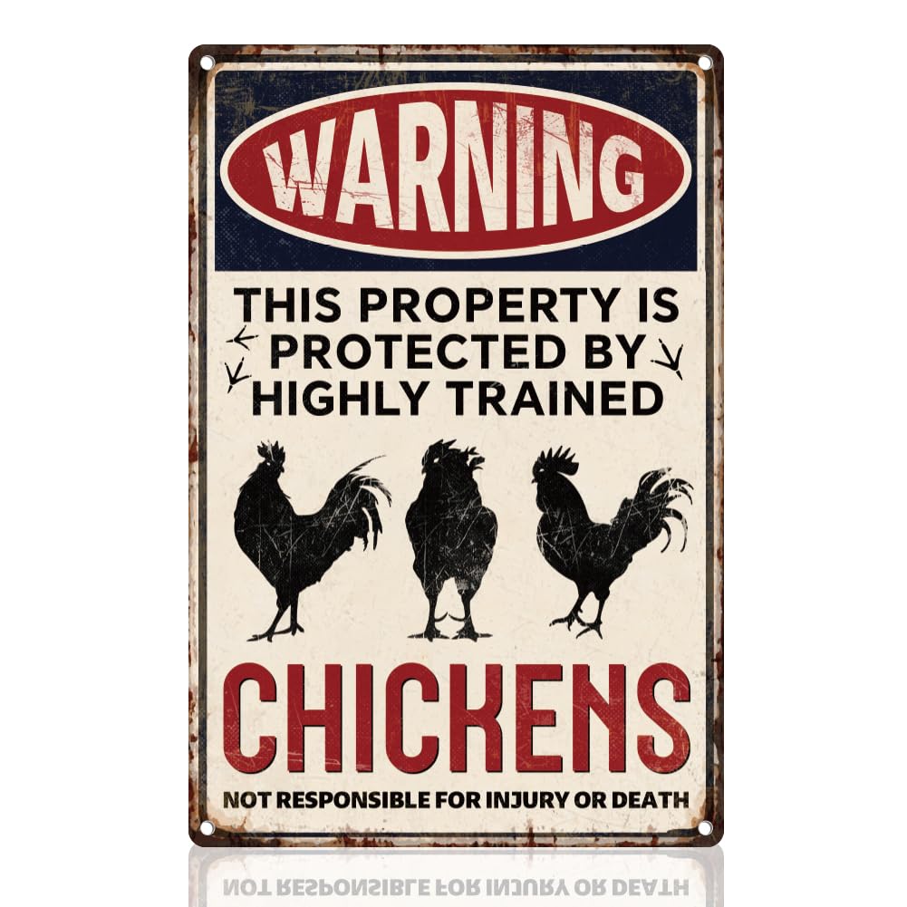 Funny Chicken Coop Warning Retro Wall Decor Metal Tin Sign Property Protected By Chickens Vintage Wall Art Poster For Farmhouse Garden Outdoor Clubs Decor Gift Metal Tin Sign 8X12 Inch